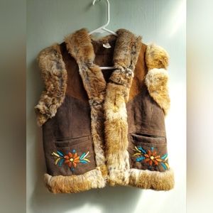 Vintage Bohemian Rabbit Fur Leather Vest Size Small/Medium